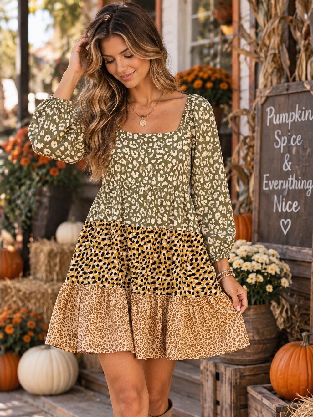 Easel Los Angeles Size Small Mixed Animal Print Tiered Boho Dress